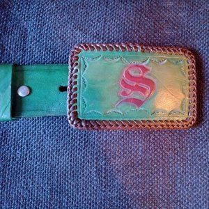 Handcrafted Green Leather Belt with Monogramed Buckle and Scottish Themed Toolin